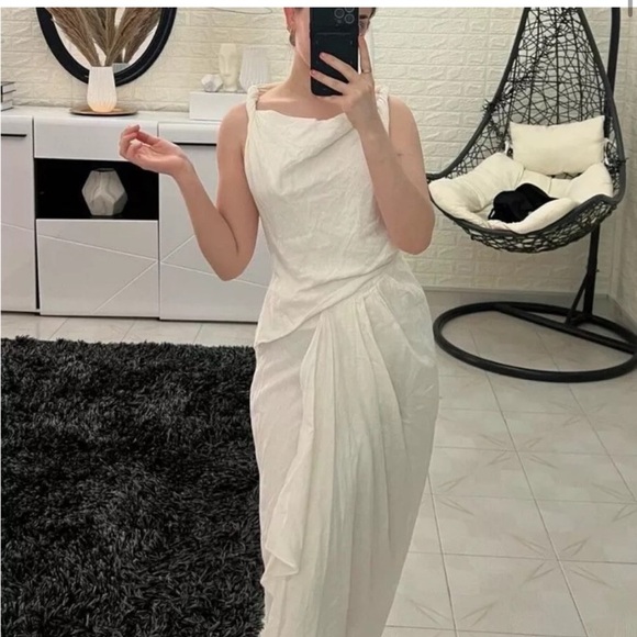 ZARA WOMAN SLEEVELESS ZW COLLECTION DRAPED LINEN BLEND DRESS WHITE 2965/120 - Picture 4 of 5